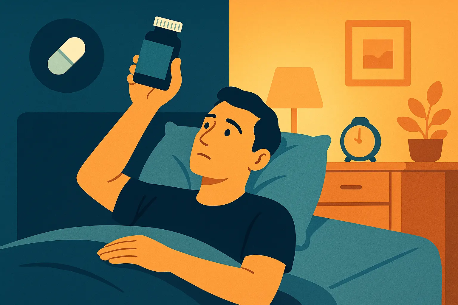 침대에 누워 수면제를 바라보는 사람