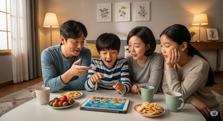 핸드볼 경기에 대해 이야기하는 가족