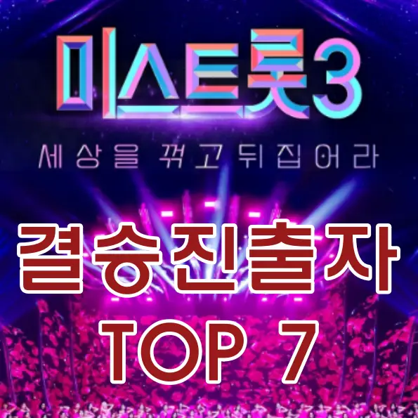 미스트롯3-
보라색무대 아래 진출자들 모습 위 중앙 무지개색 글씨 미스트롯3
아래 중앙 보라색글씨 세상을 꺾고 뒺ㅂ어라
아래 중앙 빨간글씨 결승진출자 TOP7