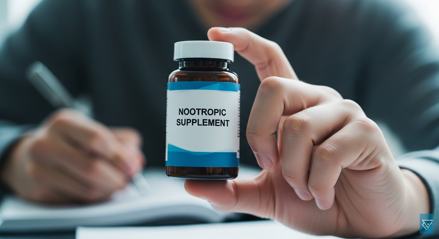 노오트로픽 영양제 병을 들고 있는 손의 클로즈업 이미지, 주의 깊은 복용의 중요성을 강조합니다.