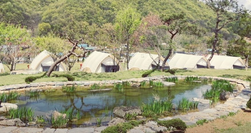 연못을 둘러싼 글램핑장의 모습