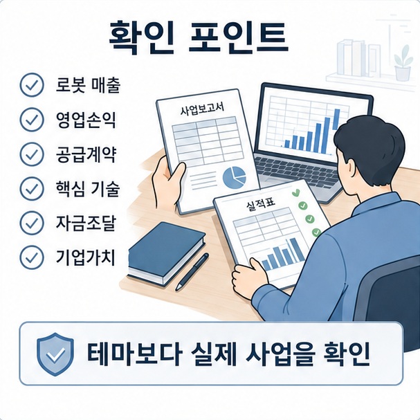 투자자가 로봇 관련 기업의 매출과 영업손익, 공급계약, 핵심 기술, 자금조달과 기업가치를 함께 확인하는 모습을 보여 주는 그림