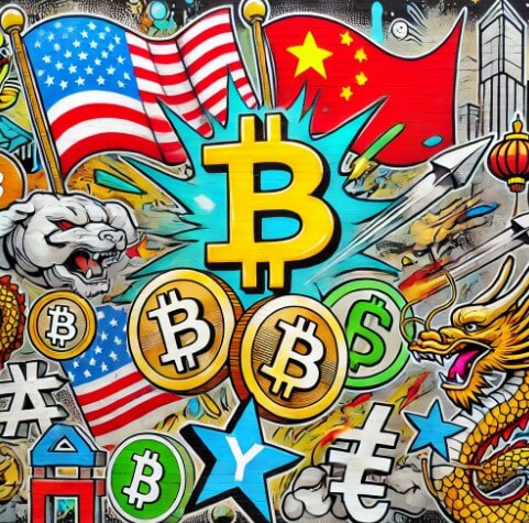 미국과 중국의 대비와 비트코인 심볼이 그려진 그림