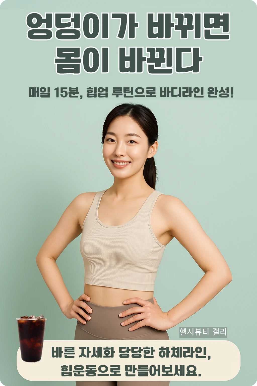 밝은 미소의 여성과 함께 "힙운동으로 자세를 바꾸자!"라는 문구가 강조된 건강 인포그래픽 포스터