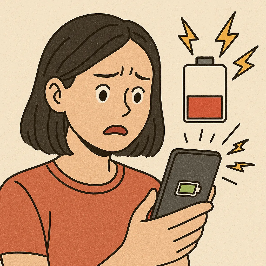 스마트폰의-배터리가-갑자기-급격히-줄어들어-놀란-여성이-표현된-일러스트로-배터리-아이콘과-경고-표시가-강조됨
