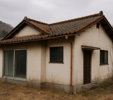 시골의 낡은 단층 임대주택 외관, 흙빛 지붕과 낡은 벽체가 보이고 주변에는 마른 풀과 들판이 펼쳐진 장면