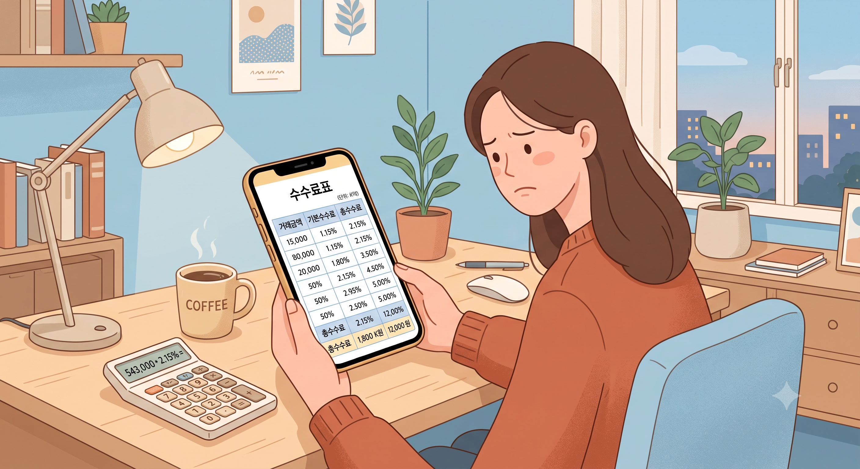 증권사 수수료 구조를 확인하며 고민하는 사람 일러스트