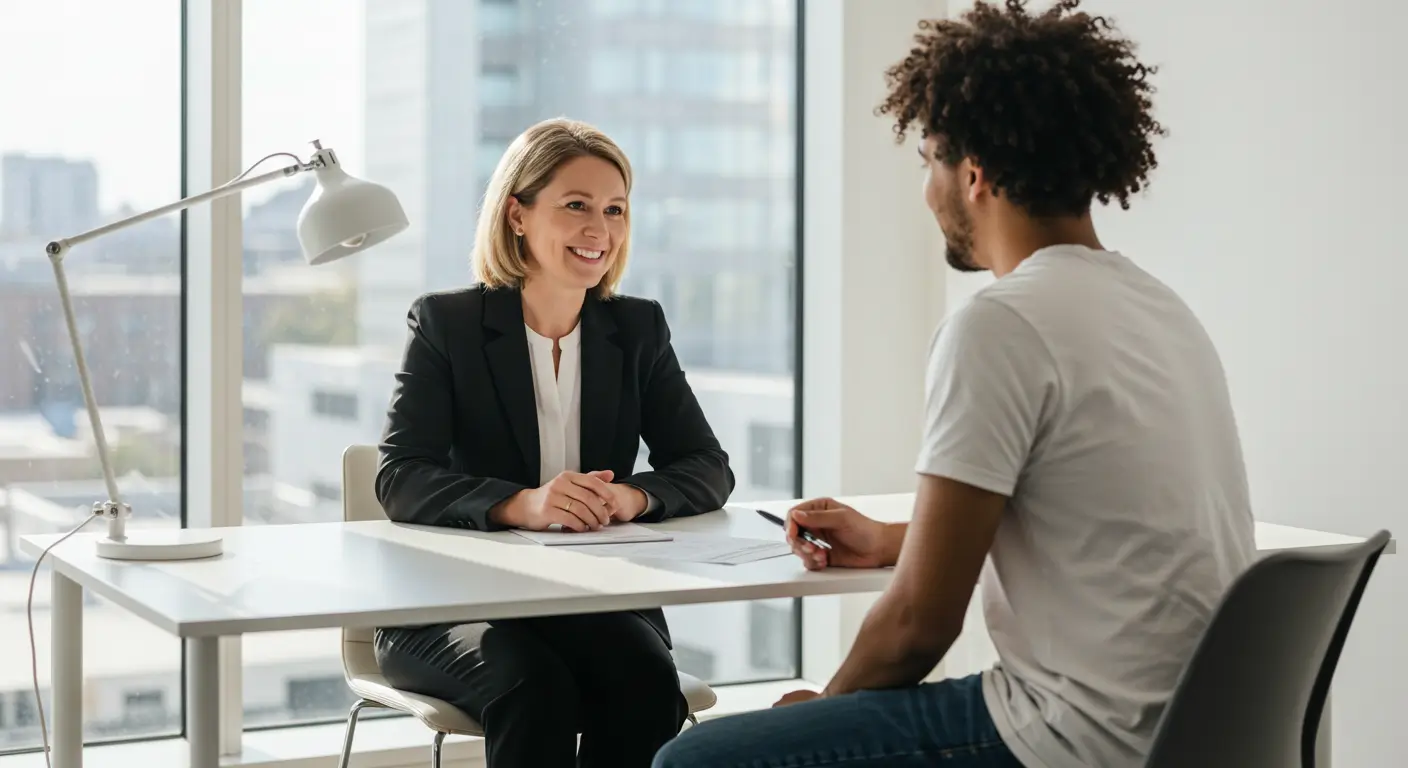 햇살이 비치는 현대적인 책상에 앉은 친절하고 전문적인 직업상담사가, 희망에 차 있고 집중하는 젊은 구직자와 적극적으로 소통하며 경청하는 사진