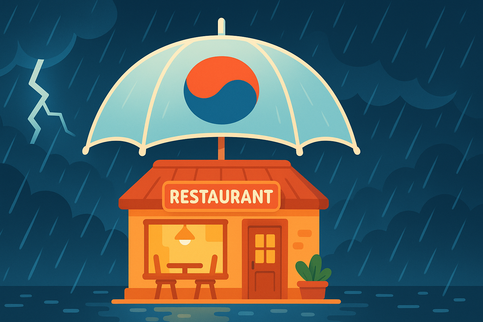정부 로고가 새겨진 거대한 우산이 태풍과 폭우로부터 식당을 안전하게 보호하는 모습