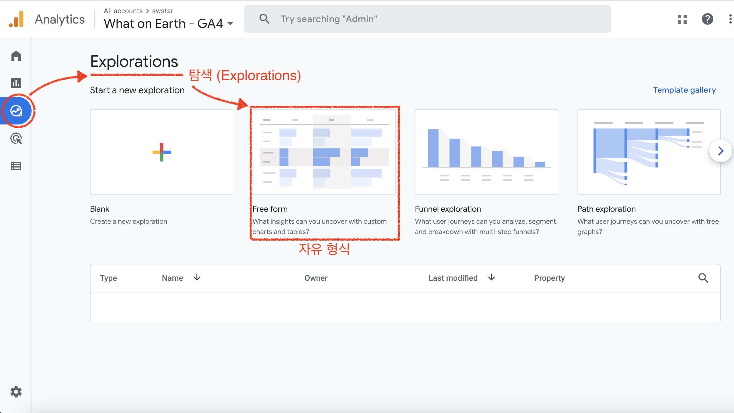 screenshot of Google Analytics 4, showing Exploration menu with possible formats for reports.