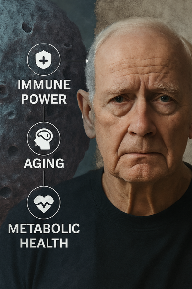 왼쪽에는 세포를 상징하는 질감 있는 이미지가, 오른쪽에는 노년 남성이 진지한 표정으로 정면을 바라보는 모습이 배치되어 있는 장면