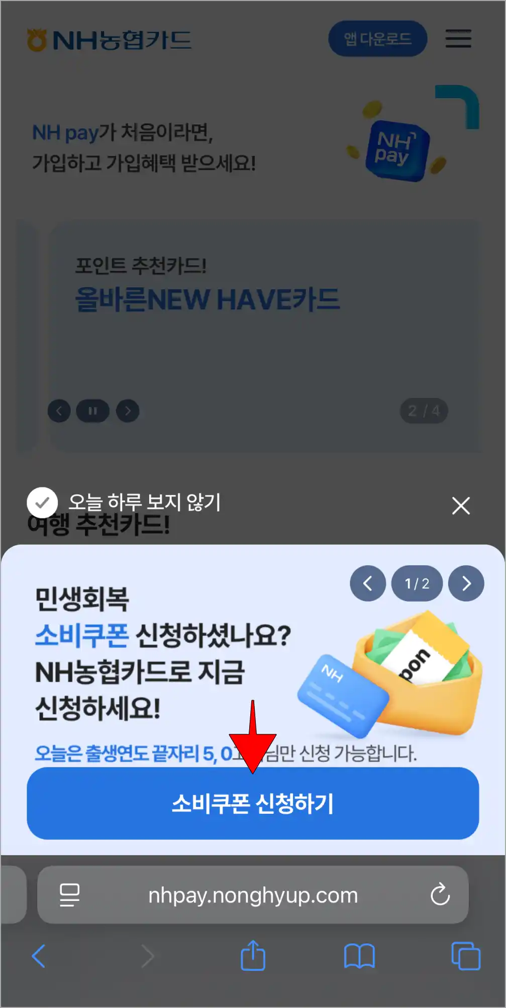 NH농협카드 홈페이지의 민생회복 소비쿠폰 관련 팝업창의 '소비쿠폰 신청하기'를 선택