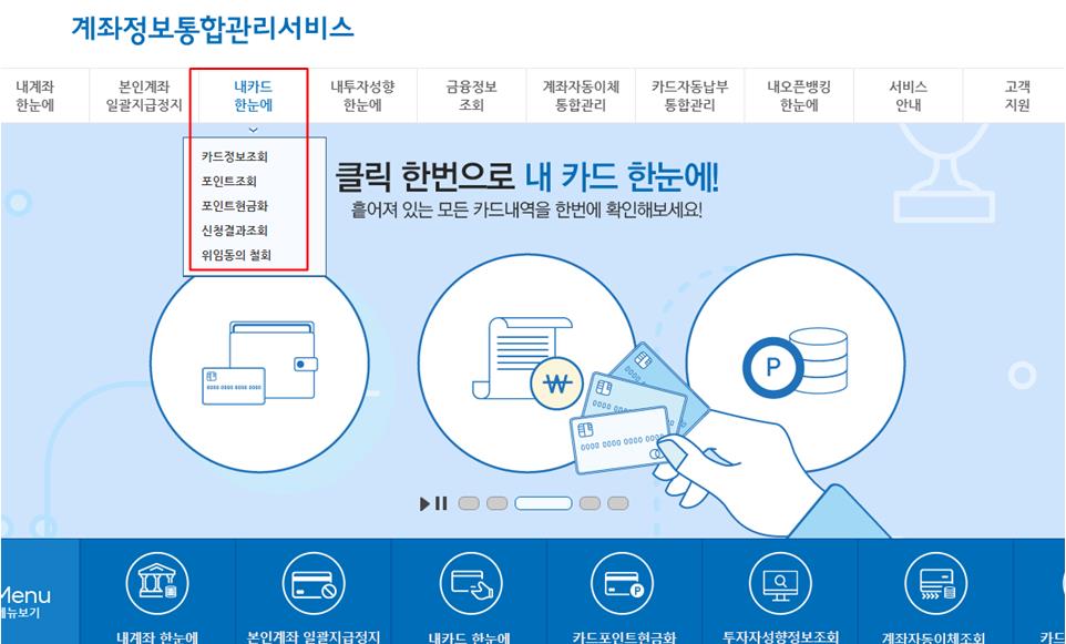 내카드한눈에 메뉴의 하위메뉴 카드정보조회, 포인트조회, 포인트현금화, 신청결과조회, 위임동의 철회