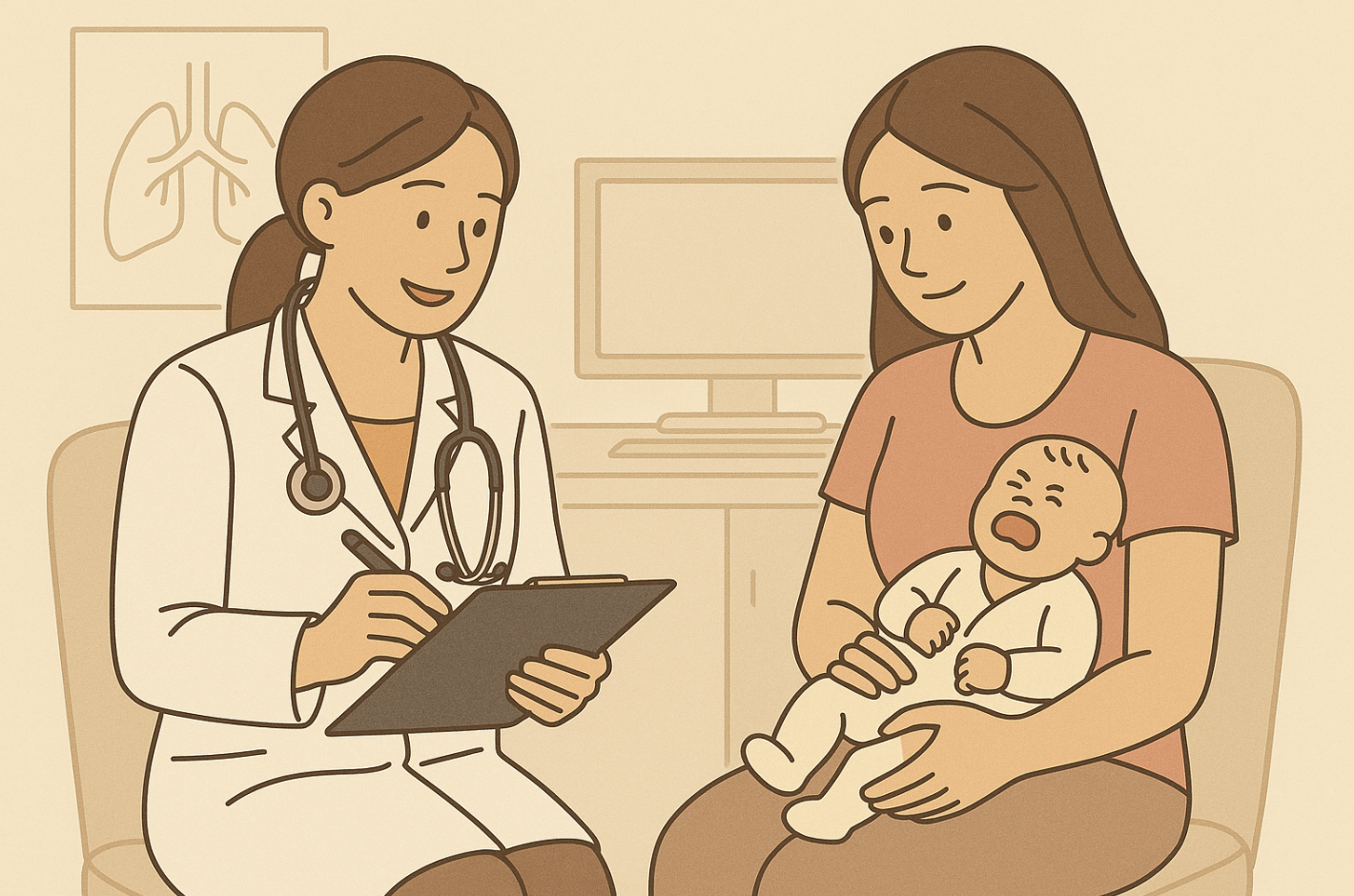 아기가 엄마에게 안겨 병원 진료 받는 장면 사진