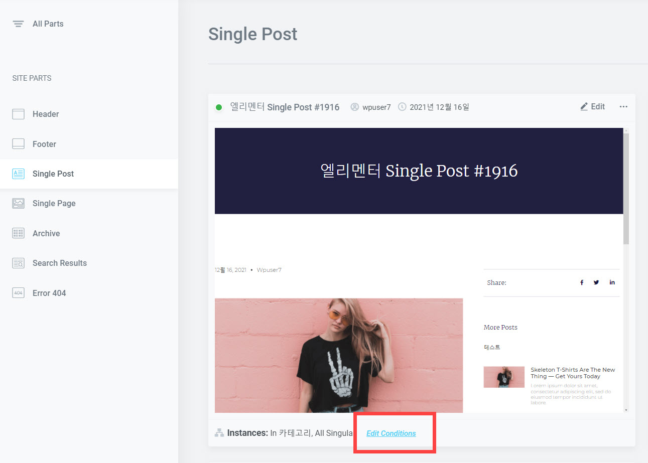 워드프레스 엘리멘터 테마 빌더로 포스트 템플릿 만들기 - 조건 수정하기