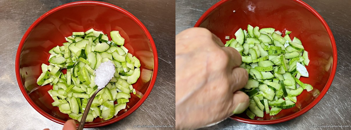 샐러드 빵 (사라다 빵)에 들어갈 채썬 오이를 절이기 위해 소금 1Ts를 넣고 버무리는 사진