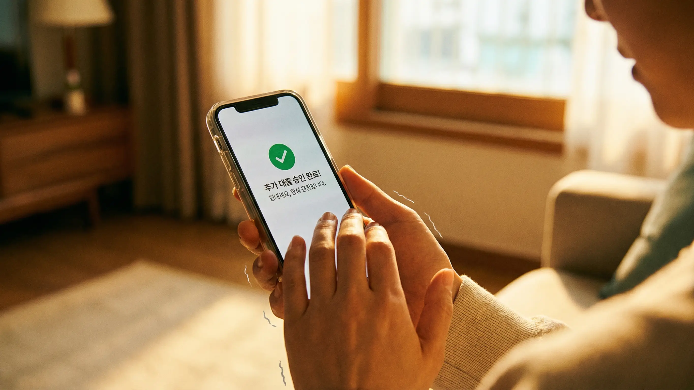 스마트폰 화면에 추가 대출 승인 완료 메시지가 뜨고 안도하는 사람의 손을 클로즈업한 이미지