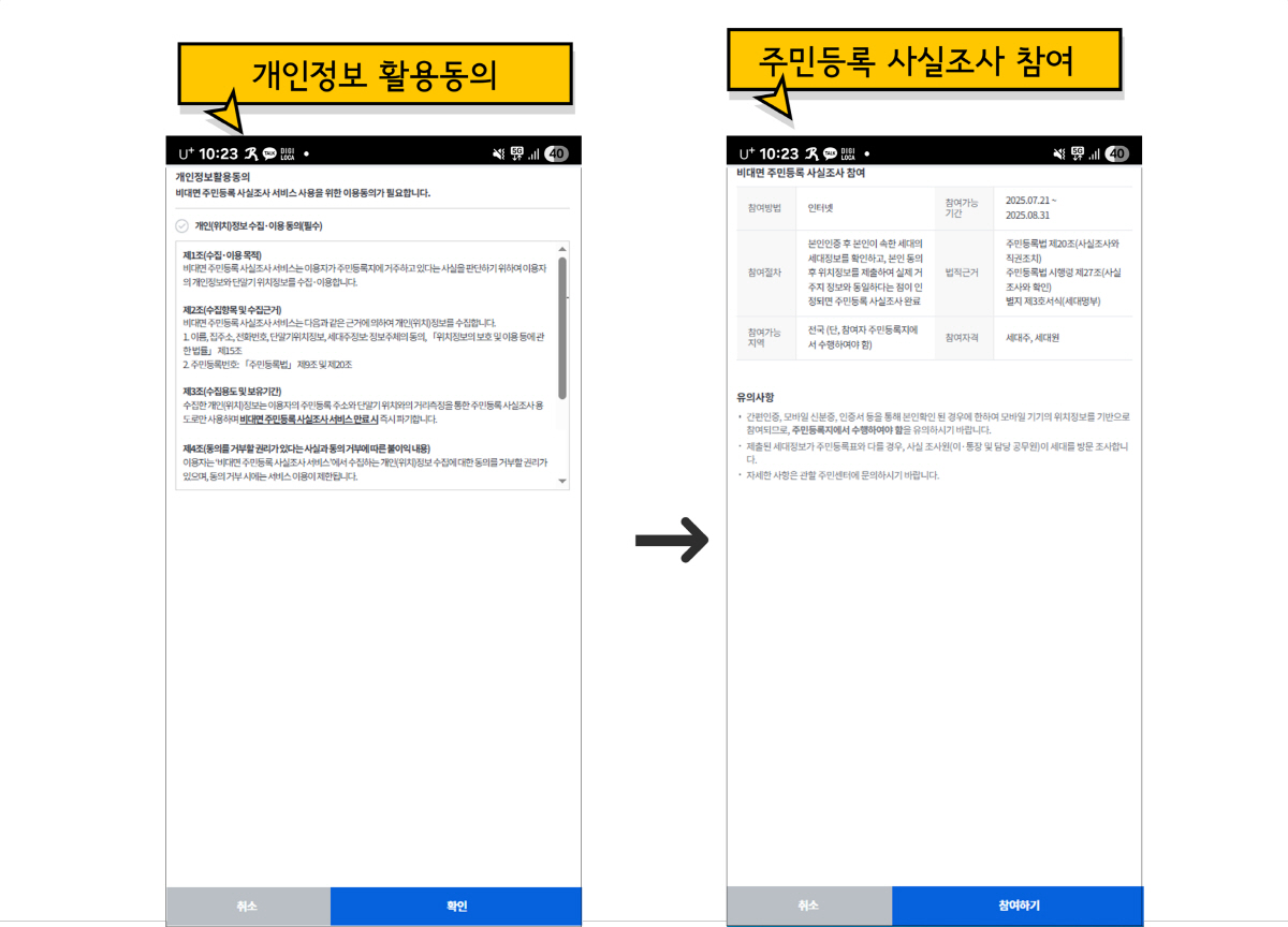 정부24앱 '주민등록 사실조사 인증 조사도움말 확인 개인정보 동의
