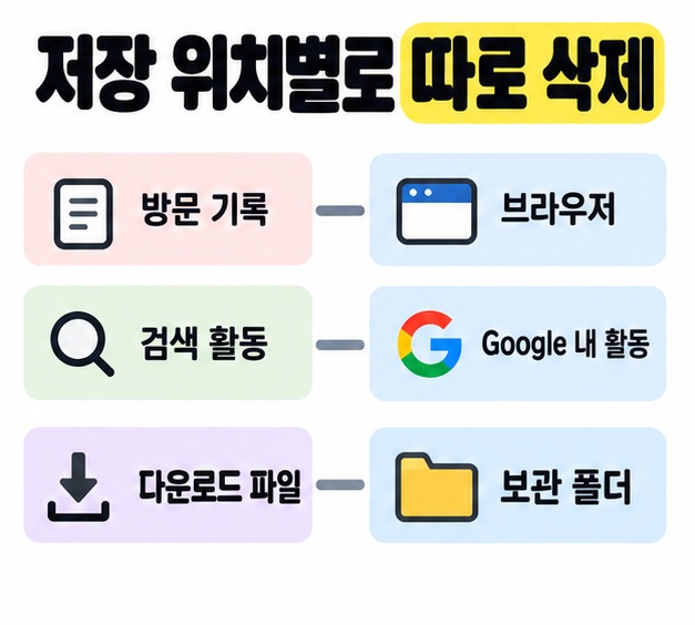 방문 기록은 브라우저에서 검색 활동은 Google 내 활동에서 다운로드 파일은 보관 폴더에서 따로 삭제하도록 연결한 도식