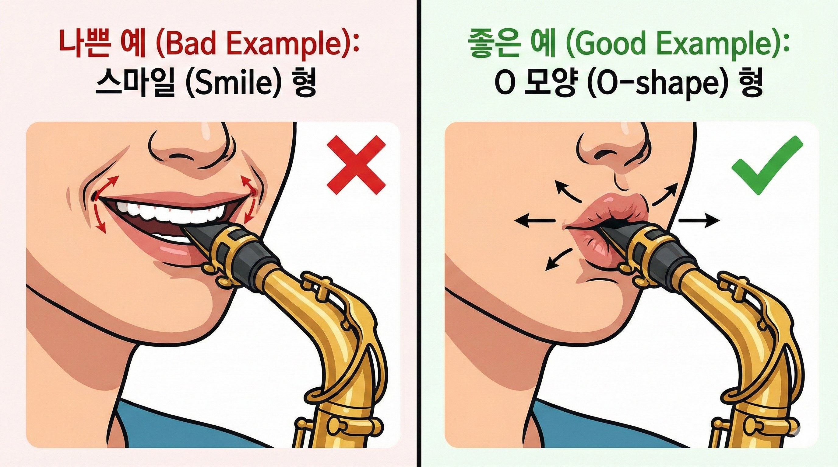 색소폰 올바른 앙부쉬어 비교: 나쁜 예(스마일) vs 좋은 예(O모양)
