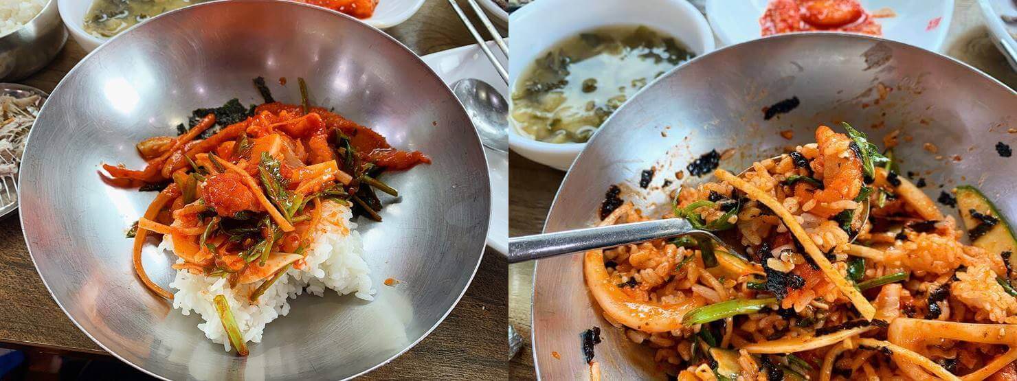 왼쪽 자신은 은색 대접에 안에 밥이 있고 그 위에 서대회무침이 올려져 있다.
오른쪽 사진은 은색 대접 안에 밥과 서대회 무침이 함께 비벼져 있고 숟가락으로 음식을 뜨고 있다.