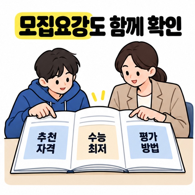 남학생과 교사가 펼친 모집요강에서 추천 자격, 수능 최저, 평가 방법을 함께 확인하는 모습