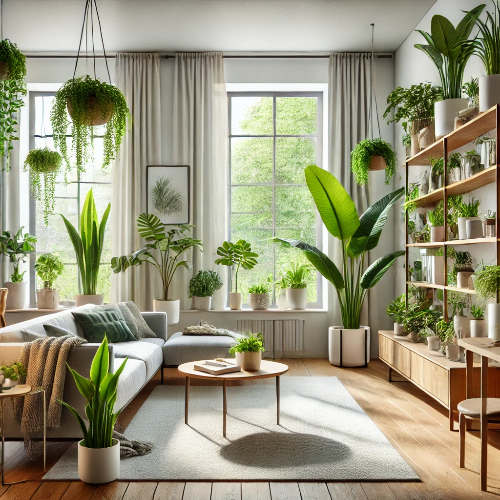 실내 공기 정화 식물과 인테리어가 조화를 이룬 모습