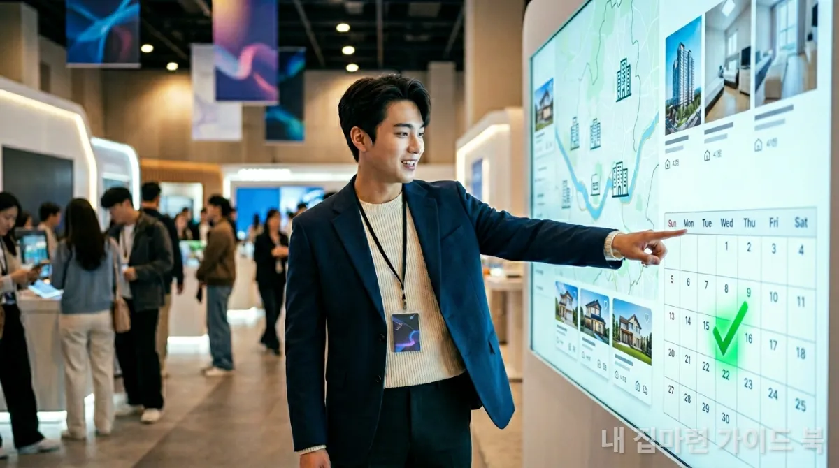 다양한 주택 옵션을 보며 청약 성공을 확인하는 젊은 한국인