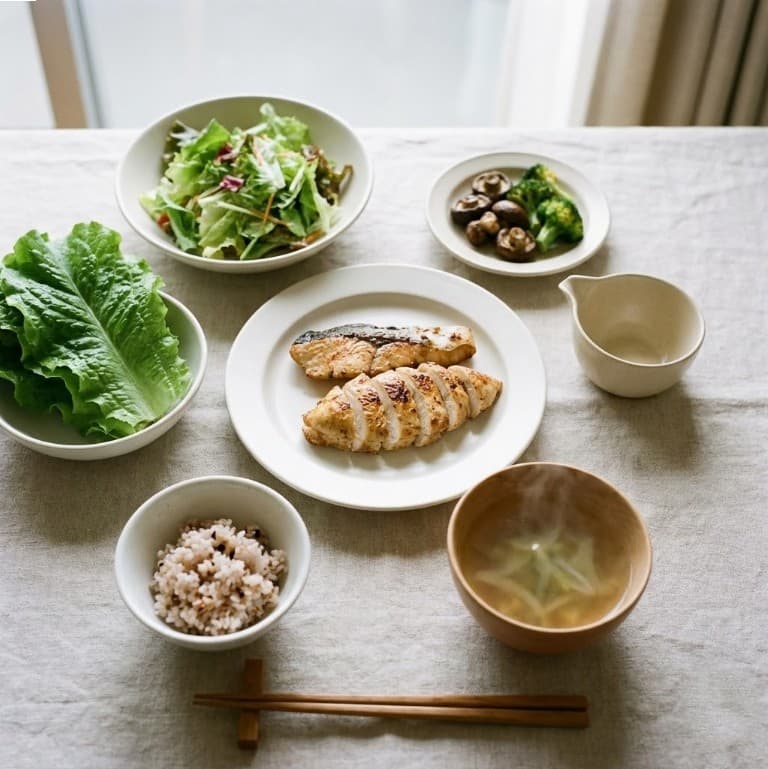 단백질과 채소 중심에 밥을 소량 곁들인 저녁 식사 예시 사진