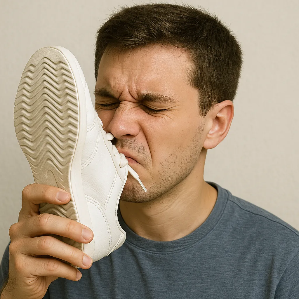운동화-밑창-냄새를-맡고-찌푸린-표정을-짓는-사람의-모습