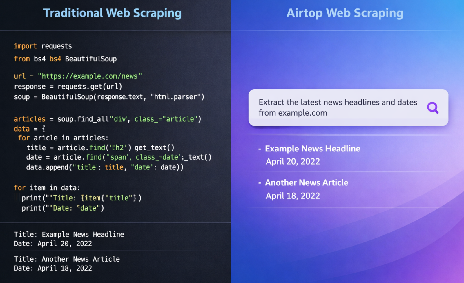 전통적인 코드 기반 웹 스크래핑과 Airtop의 자연어 기반 접근 방식 비교