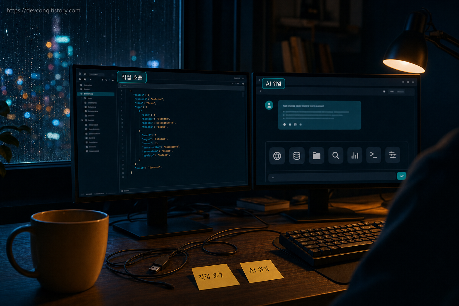 심야 책상에서 한쪽 모니터에는 API 코드, 다른 모니터에는 AI 에이전트 대화 화면이 떠 있는 장면
