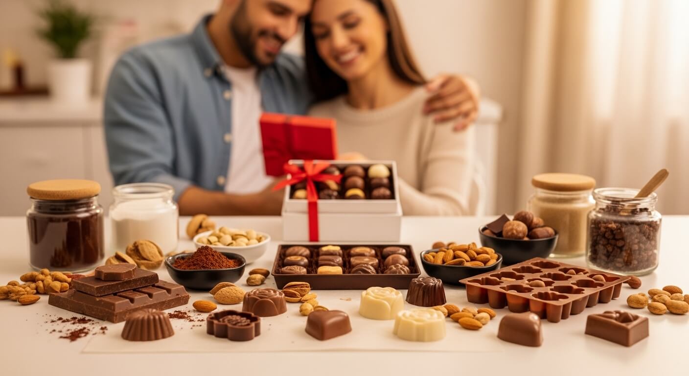 사랑과 정성이 담긴 수제 초콜릿 만들기 재료들이 고급스럽게 놓여있는 모습. 2026년 발렌타인데이 남자친구를 위한 특별한 선물.