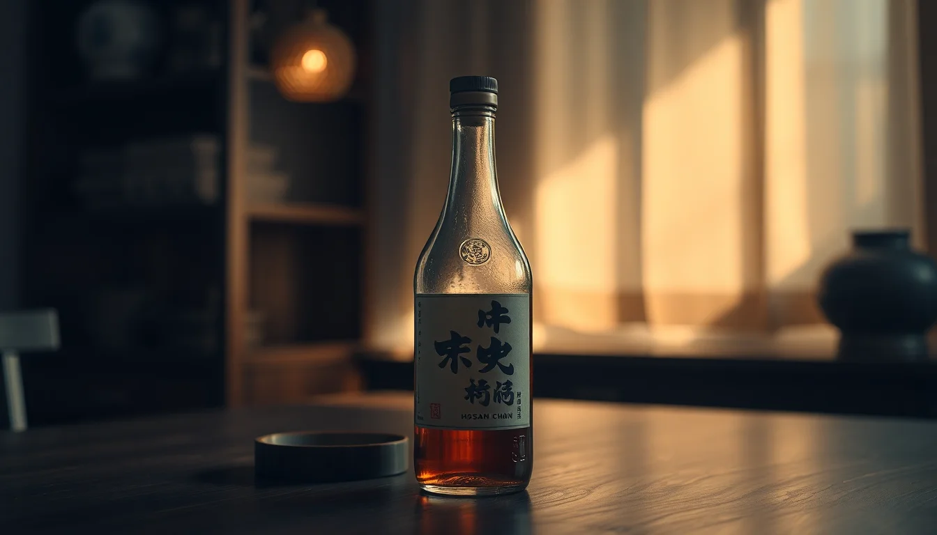 묵직한 술병이 은은한 조명 아래 고요히 놓여 있다.