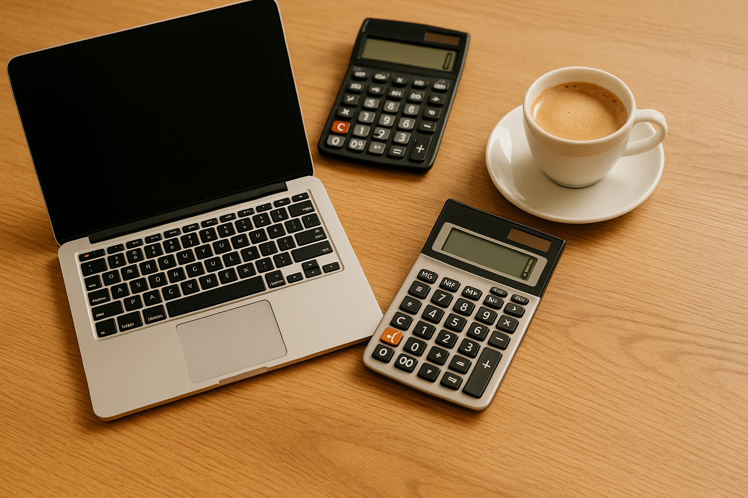 노트북과 계산기&amp;#44; 커피잔이 함께 놓인 따뜻한 테이블