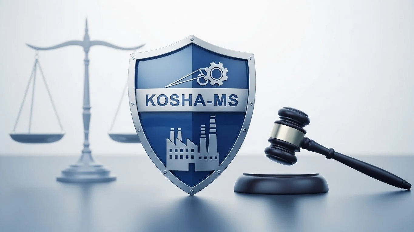 KOSHA-MS 인증 방패가 법의 심판을 상징하는 의사봉으로부터 공장을 보호하는 이미지. 이는 KOSHA-MS 안전보건관리체계가 중대재해처벌법의 법적 리스크를 막아주는 면책 효과의 개념을 상징함.