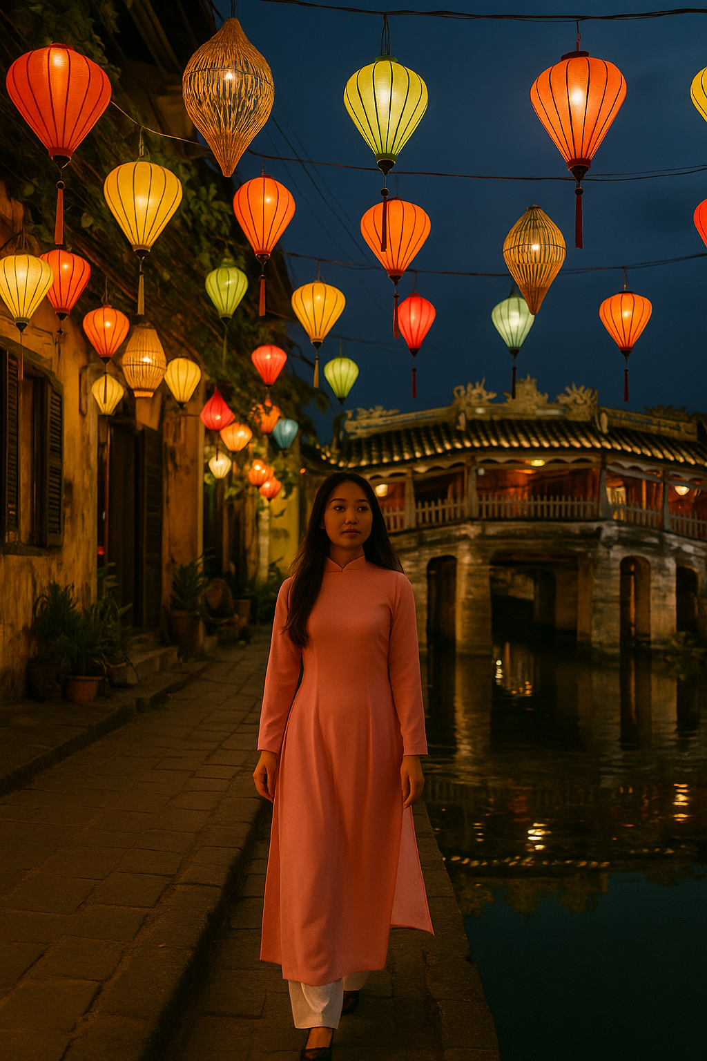 호이안의 다채로운 등불 아래 운하 옆을 분홍색 아오자이를 입은 여성이 고요히 거니는 장면