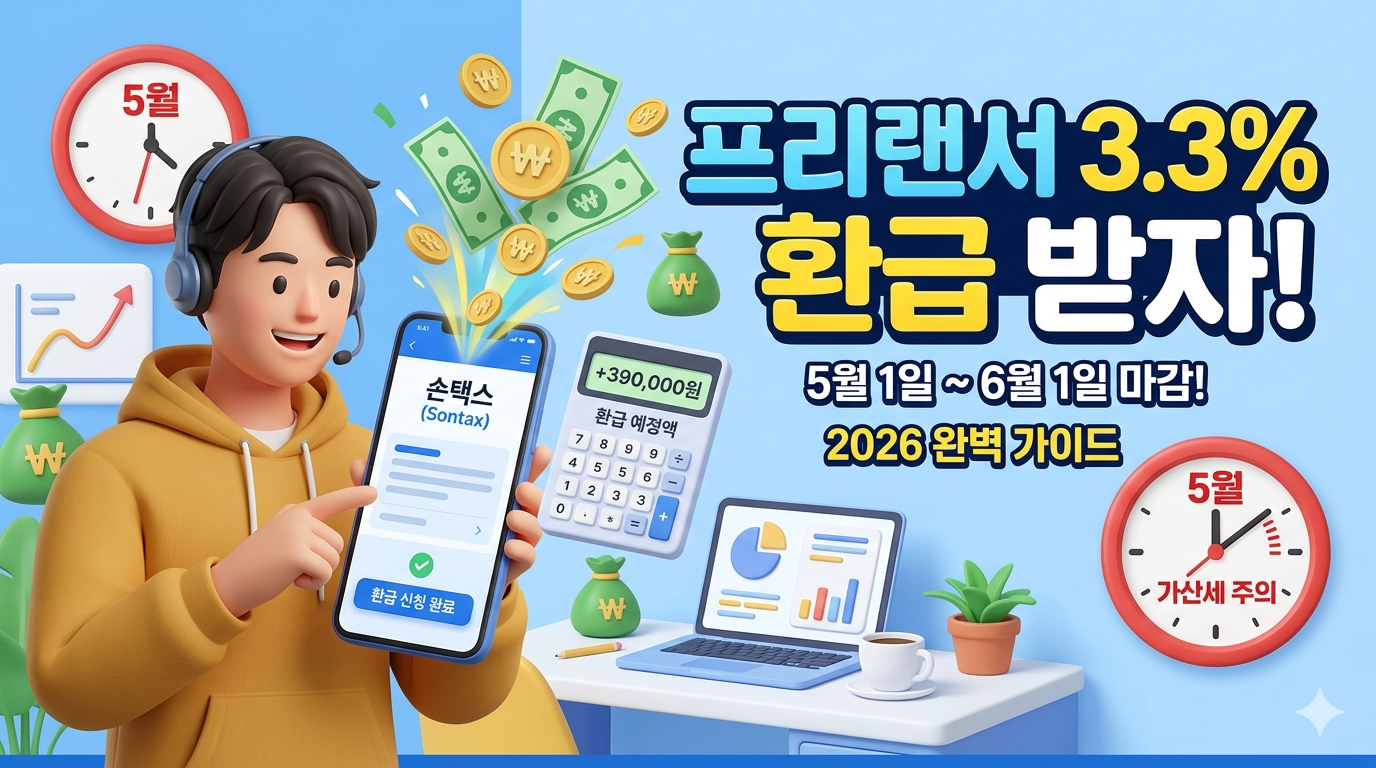 스마트폰으로 국세청 손택스(Sontax) 앱을 켜고 "종합소득세 모두채움 신고" 화면을 보며 환급액을 확인하는 프리랜서의 모습. 휴대폰 화면과 계산기에 "+390,000원 환급"이라는 숫자와 함께 돈이 쏟아져 나오고 있다. 우측에는 "프리랜서 3.3% 환급 받자! 2026 완벽 가이드"라는 제목이 있고, 하단에는 "5월 가산세 주의" 경고 시계와 캘린더가 보인다.