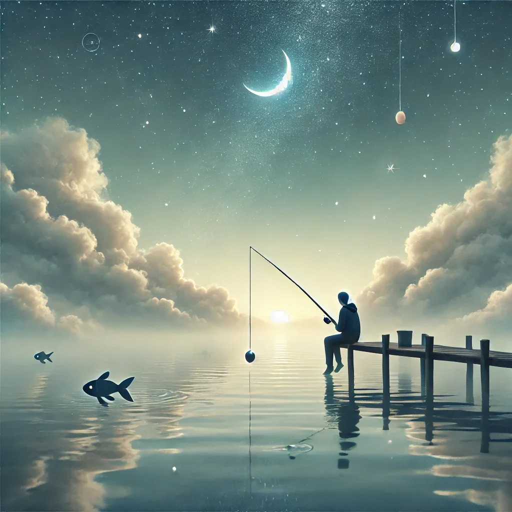 별빛과 구름이 어우러진 몽환적인 분위기 속에서 낚시하는 사람을 표현한 디지털 일러스트
