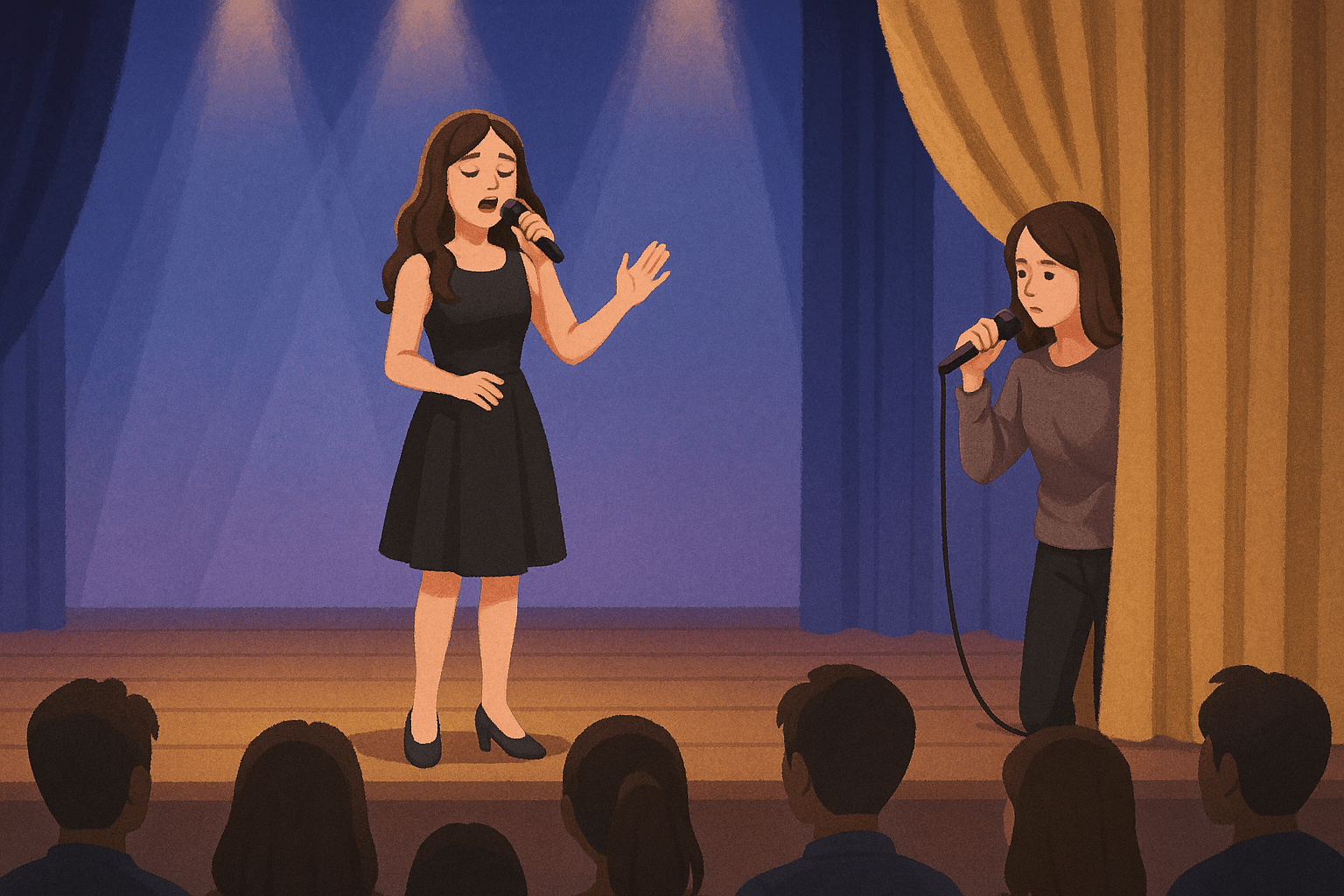 영화 미녀는 괴로워의 두 가수가 노래하는 모습