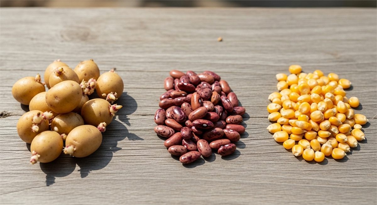 감자 강낭콩 옥수수 씨앗과 종서를 비교해 놓은 봄 파종 준비 장면