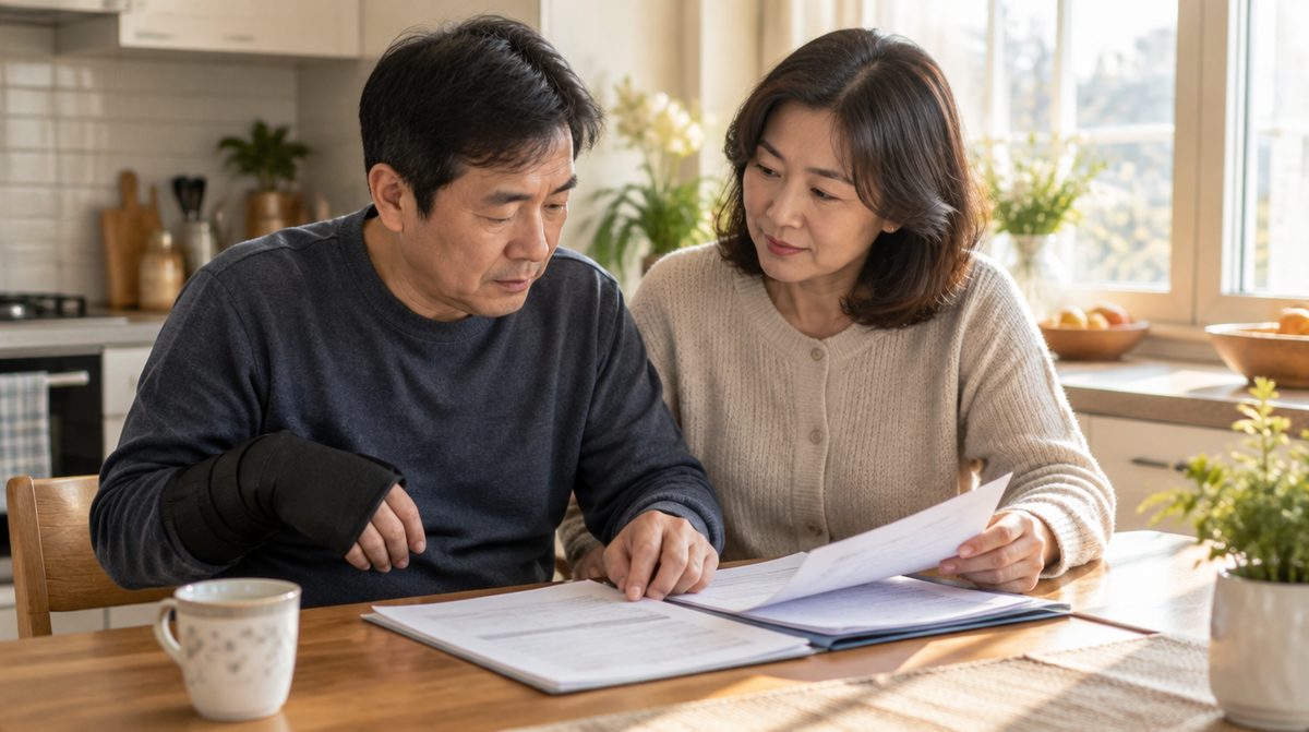 65세 미만 장기요양등급 신청서를 함께 보는 40대 뇌출혈 환자 부부