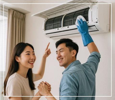 전남 영광 아파트에서 에어컨을 분해 청소 중인 전문가의 모습. 여름철 대비 냄새 제거와 성능 향상을 위한 작업 장면입니다.