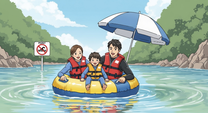 구명조끼 착용 후 물놀이 즐기는 가족이미지.