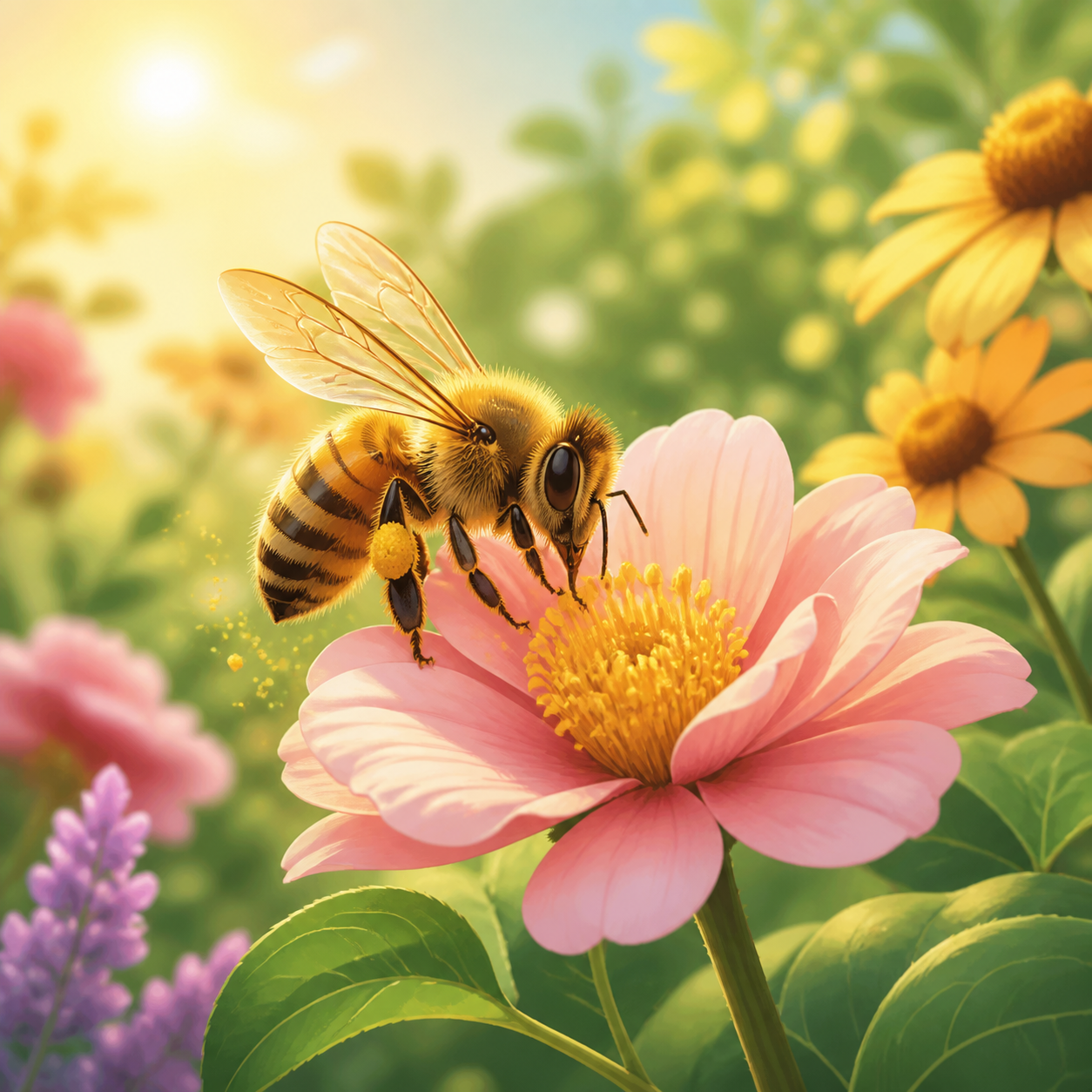 A bee collecting nectar from a flower in a garden
