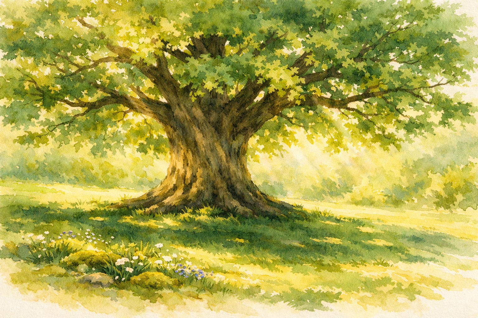 아침 햇살이 비치는 초록 동산 위에 큰 고목나무가 넓고 깊은 그늘을 드리우고 있는 수채화 풍경