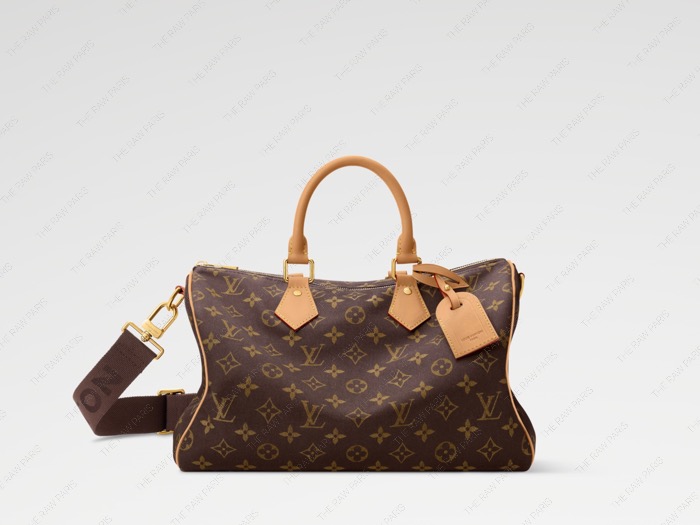 Front view of Louis Vuitton Silk Tech Monogram Speedy bag with natural leather handles and wide shoulder strap⁠