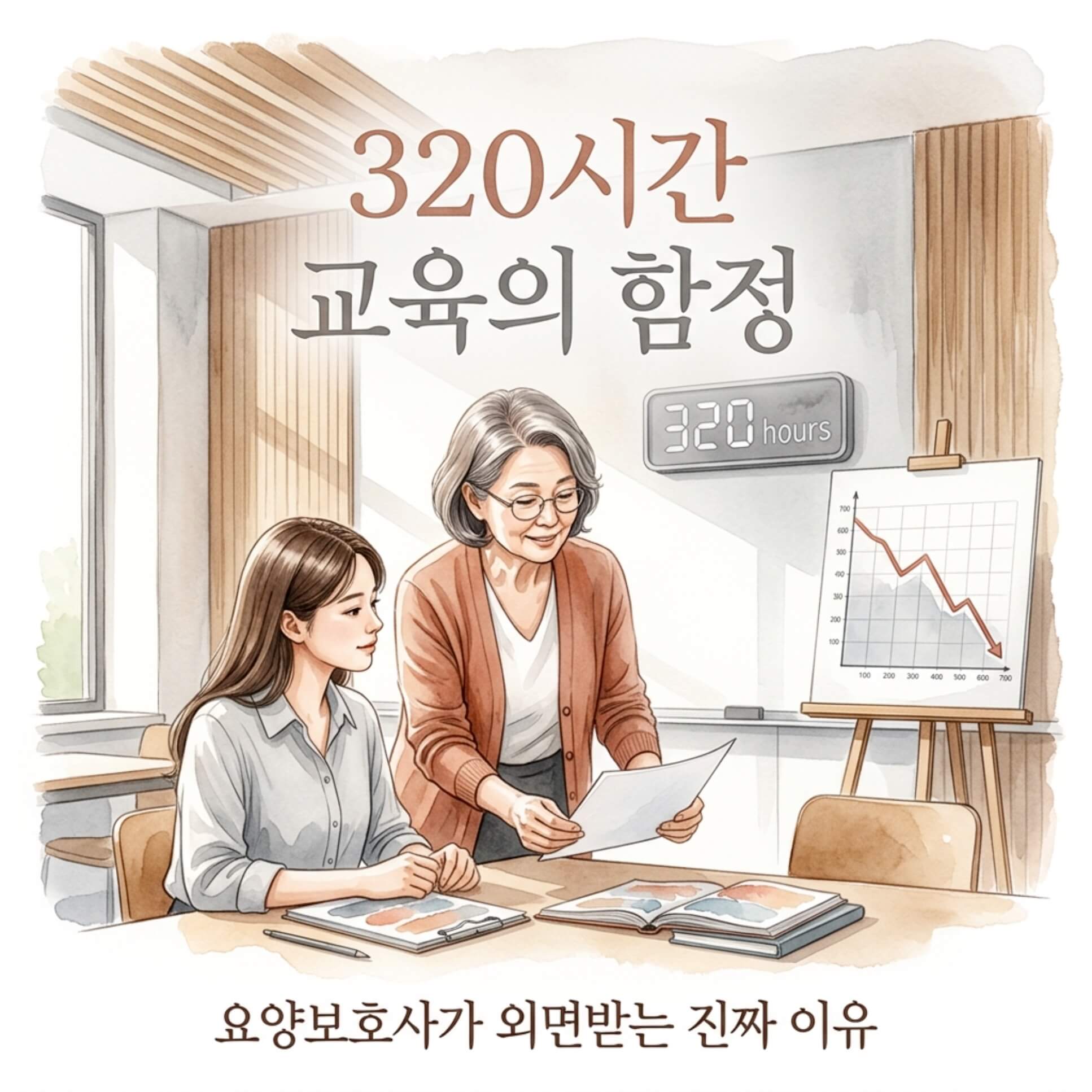 320시간으로 확대된 교육 시간과 응시자 급감 추이를 분석하여 요양보호사 자격증의 현실과 2026년 대비 전략을 설명하는 블로그 썸네일 이미지