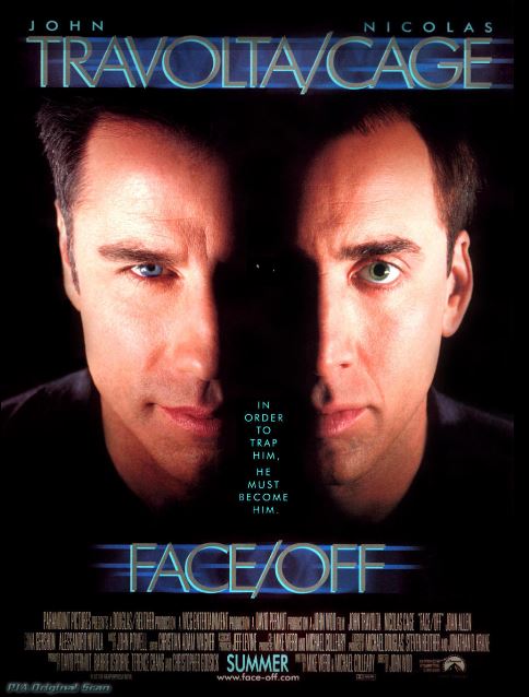 존 트라볼타와 니콜라스 케이지가 열연한 영화 페이스 오프 포스터.