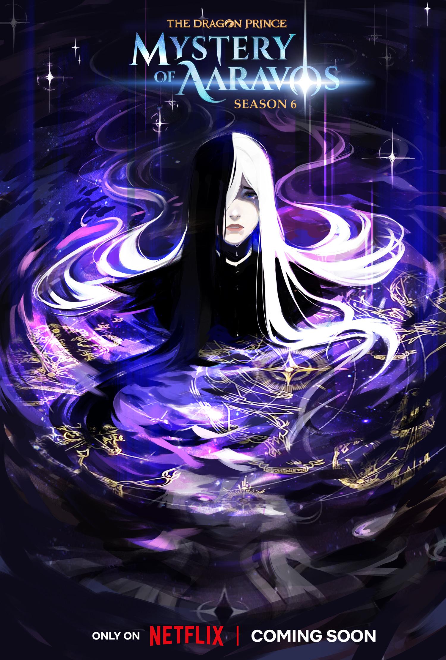 넷플릭스 애니메이션 드래곤 프린스 포스터｜신비로운 마법 진과 함께 검은 망토를 두른 인물이 어둠 속에서 등장하는 장면